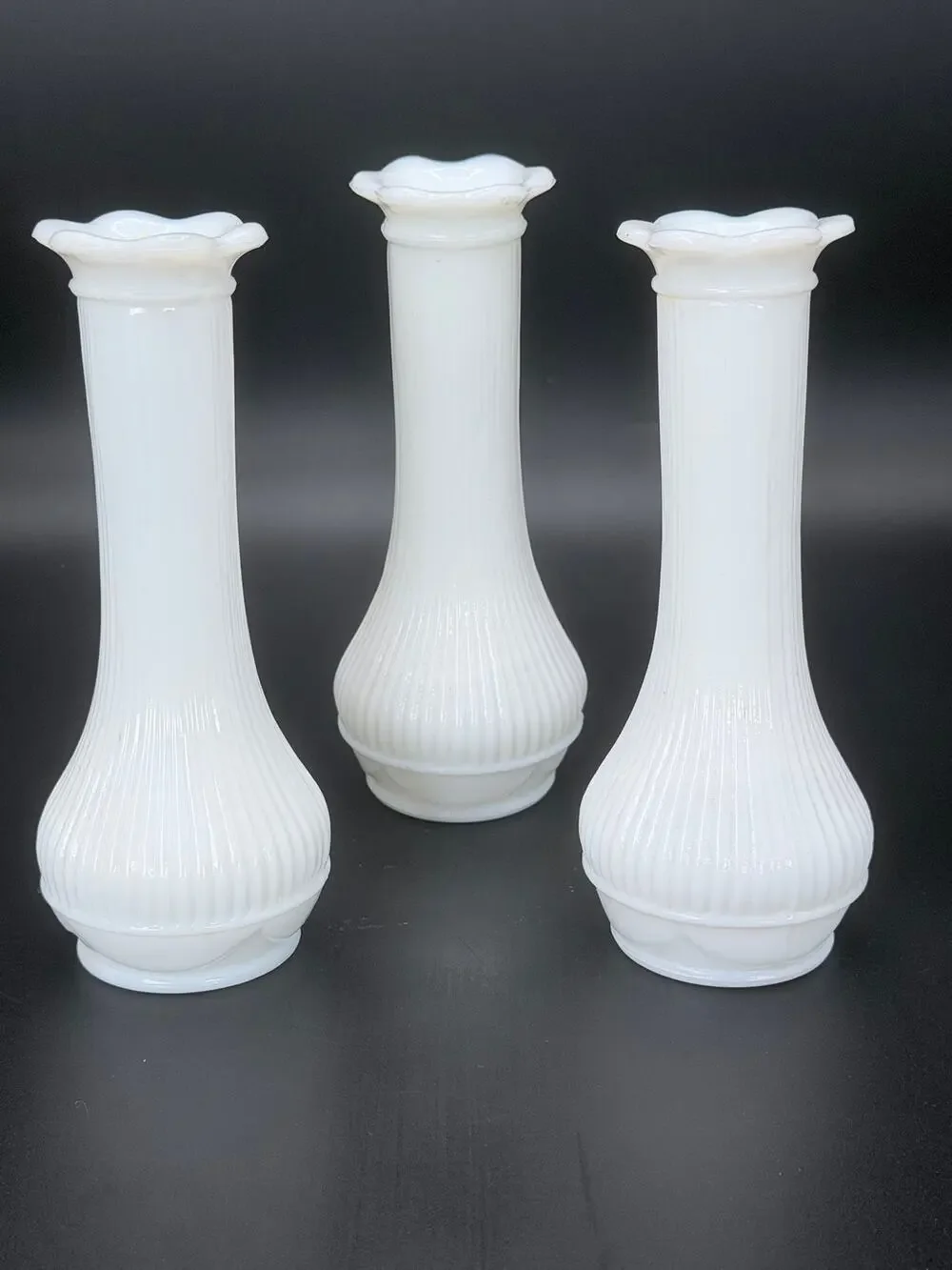 Set of 3 Vintage Carr-Lowrey CLG Co White Milk Glass Ribbed Bud Vases 6.5